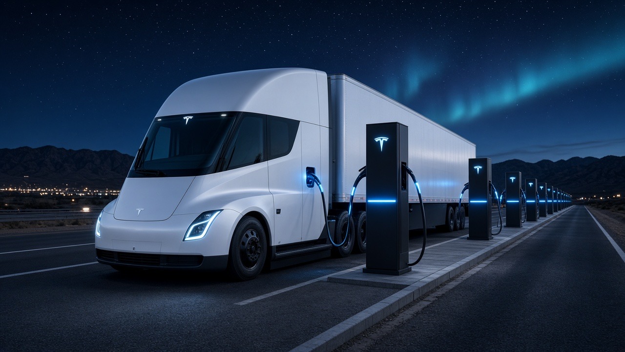 Tesla Semi charging at a row of Megachargers at night